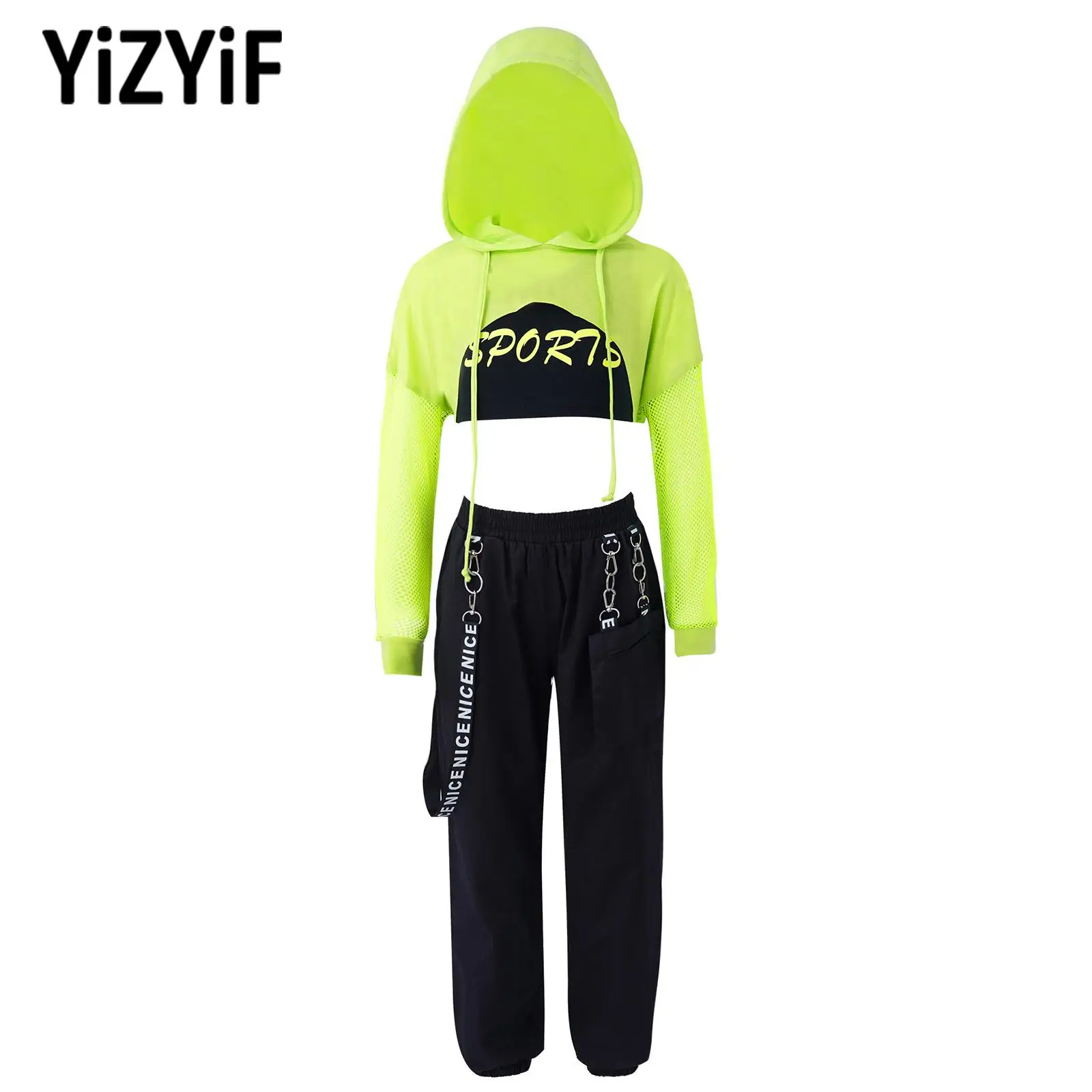 3 stks Kid Meisjes Jazzdans Kostuum Capuchon Lange Mouwen Netto Cover Up Tops met Vest Broek Set voor Hip Hop Moderne Dansvoorstelling