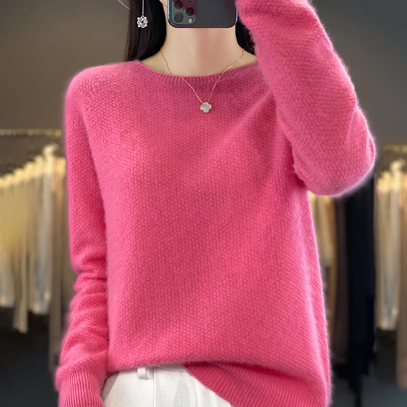 Jesień / zima Nowy sweter ze 100% czystej wełny Casual Solid Color Dzianinowa bluzka z okrągłym dekoltem Luźne topy Podstawowy sweter bazowy