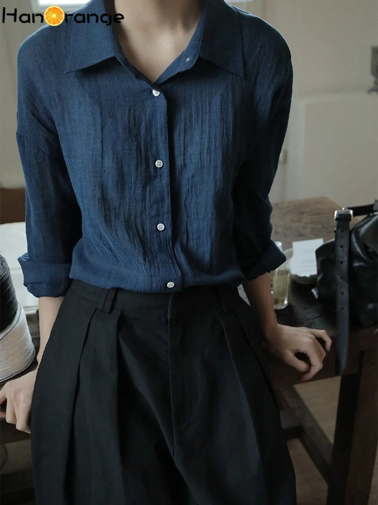 HanOrange 2025 Lightweight Silhouette Bamboo Knot Texture Shirt women Lyocell Linen Drape Breathable Top White/Blue