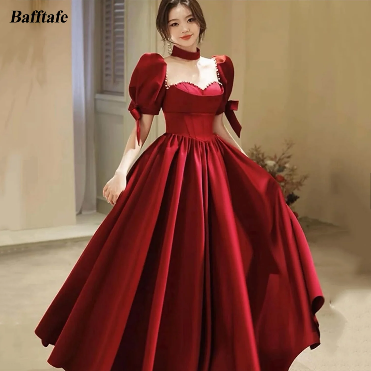 

Bafftafe Burgundy A Line Satin Customized Prom Dresses Short Sleeves Pearls Korea Evening Gowns Corset Back Formal Paty Dress