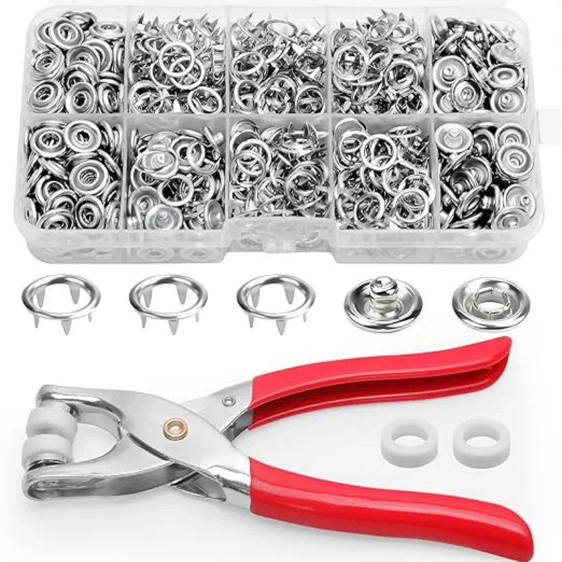 Kit de boutons-pression métalliques de 9,5 mm - 100 boutons-pression creux argentés pour tissu avec pince de pose, boutons-pression à coudre pour loisirs créatifs