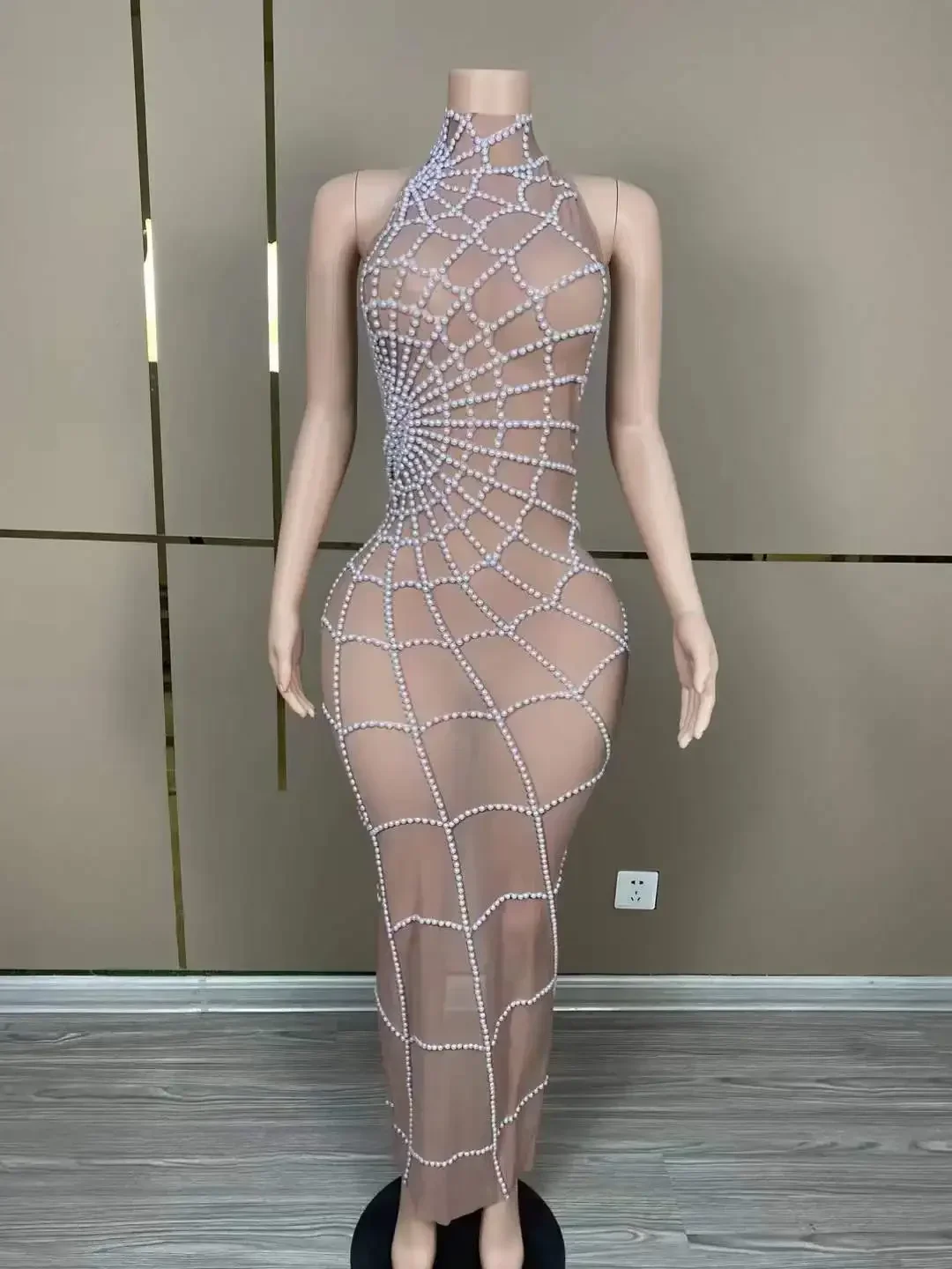 

Sheer High Neck Spider Striped Beaded Long Dress For Women Las Vegas Showgirl Party Dresses Performance 2025Queen Costumes