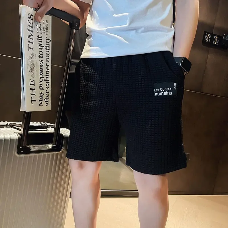 Men\'s Shorts Waffle Male Short Pants Sports Black Stripe with Pockets Elastic New in Pant 2024 Fashion Designer Small Size Bulk