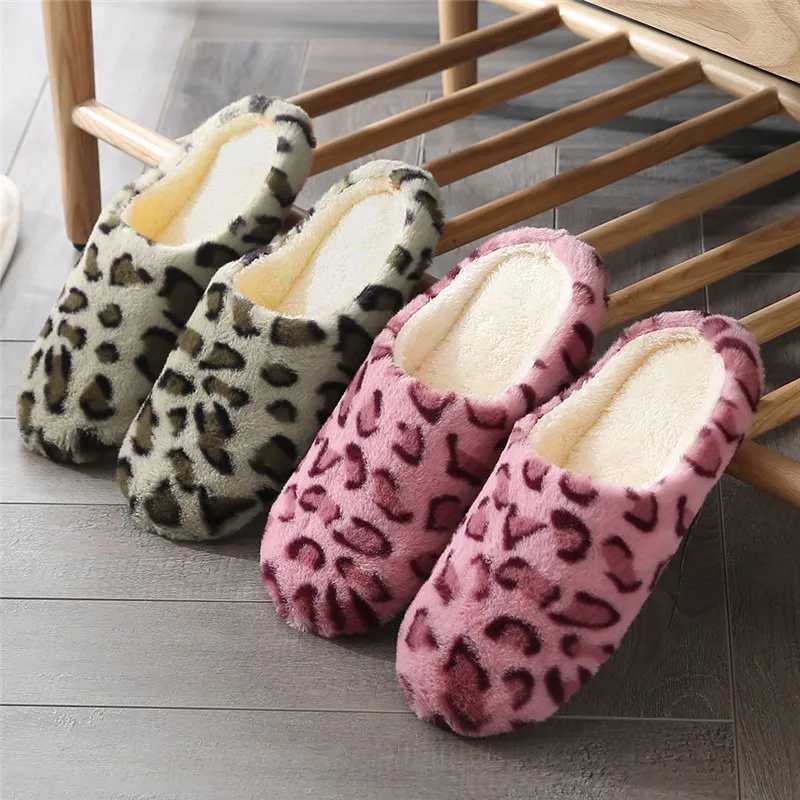 Indoor Bedroom Women Men Floor Shoes Winter Household Fur Slippers Leopard Print Soft Warm House Slides lining color random