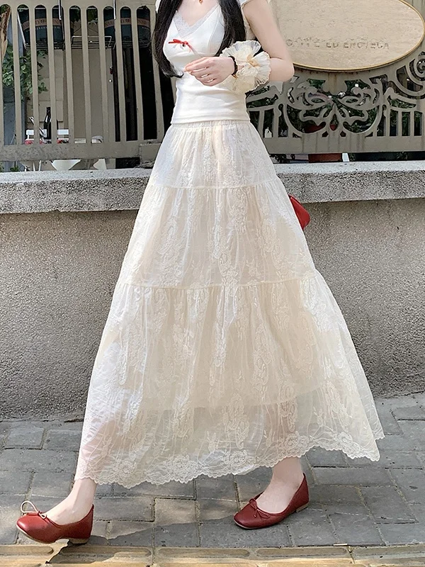 

White Embroidered A-Line Midi Skirt Women's Summer 2026 New High Waist Slimming Drapey Umbrella Skirt Long Skirt