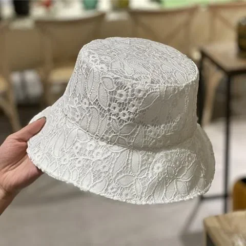 White Lace Bucket Hat Women Summer Beach Sun Hats Seaside Vintage Elegant Caps Breathable Fisherman Cap