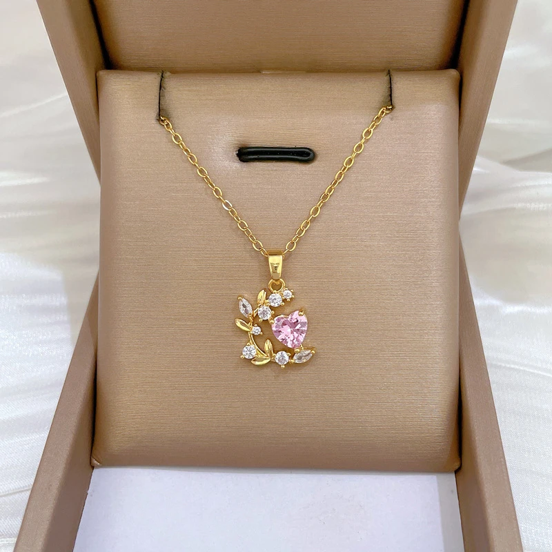 Stainless Steel Chain Pink Zircon Love Heart Leaf Pendant Necklace for Women Girls Romantic Sweet Jewelry Accessories Gifts