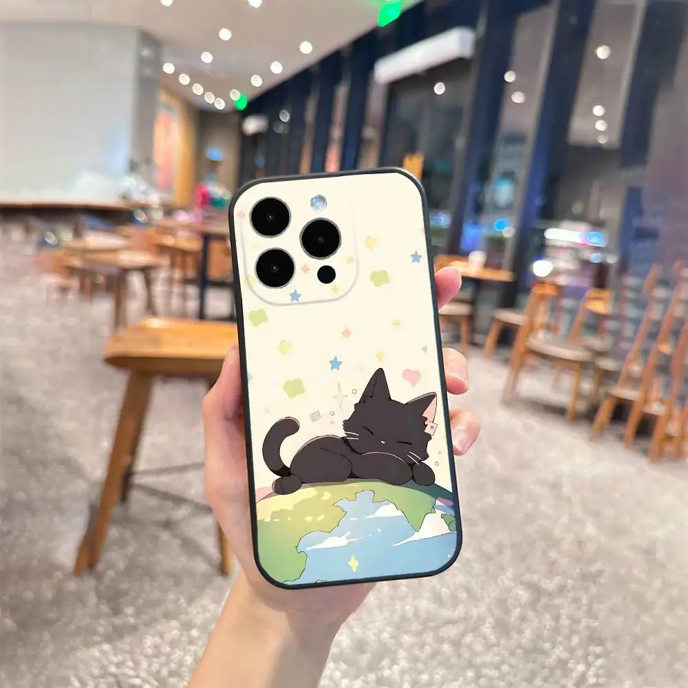 เคสโทรศัพท์ลายแมวสีดำฟรี สำหรับ iPhone 16,15,14,13,12,17,Pro Max,Plus  วัสดุซิลิโคนสีดำ