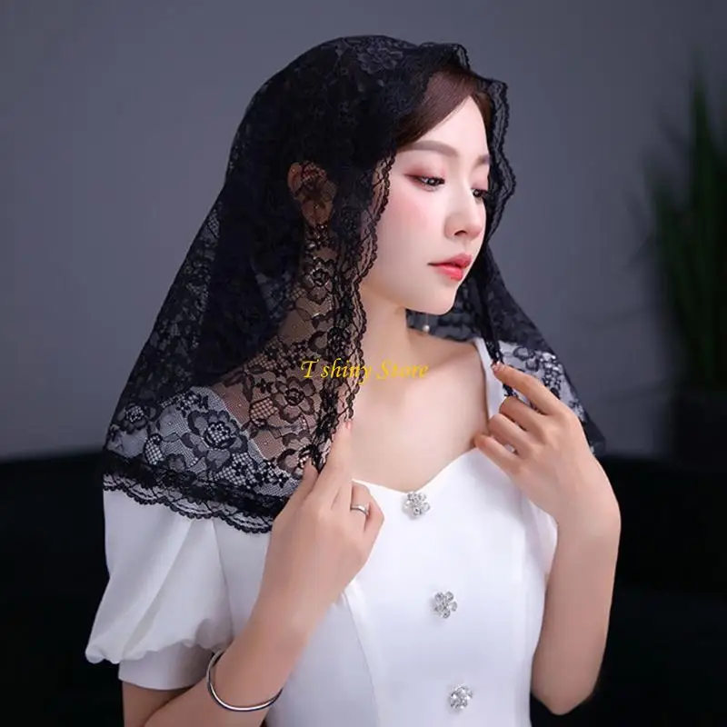 

N58F Spanish Lace Traditional Vintage Mantilla Veil Latin Mass for Head Covering Scarf for Catholic Church Chapel 2 Col