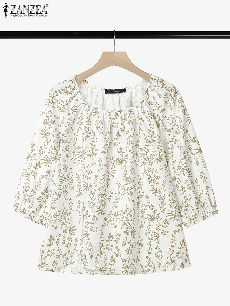 

ZANZEA Summer Floral Print Blouses Boehmain Women 3/4 Sleeve Tops Fashion Loose Holiday Blusas Square Neck Work Shirt Oversize