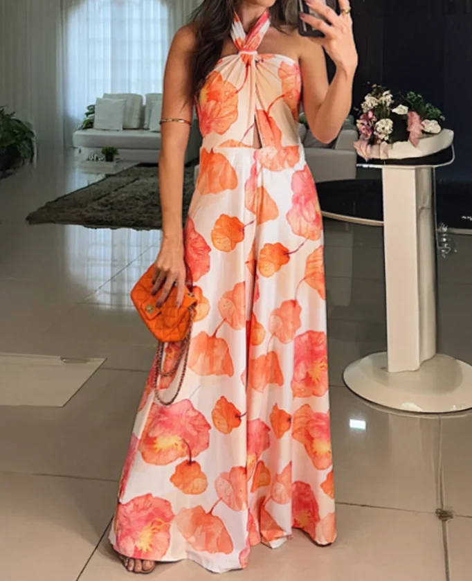 

Floral Print Halter Tied Detail Overalls Casual Backless Wide Leg Jumpsuit