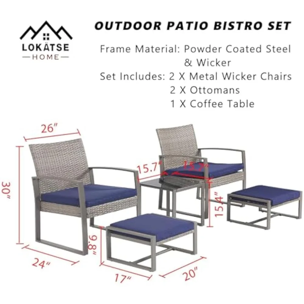 5 قطع من الخوص مجموعة المحادثة الخارجية أثاث الفناء PE الروطان جميع الأحوال الجوية كراسي مبطنة شرفة الشرفة مع O