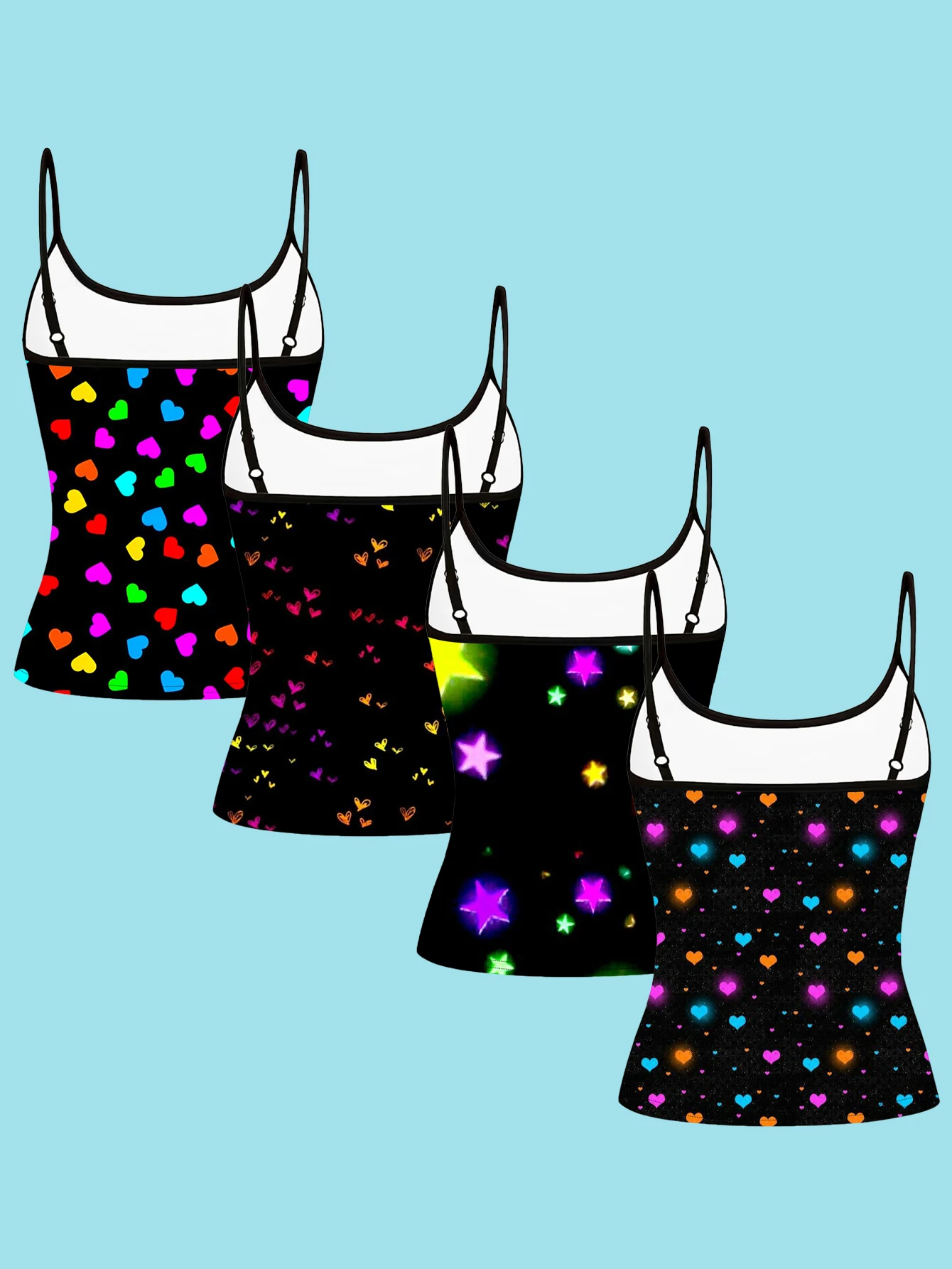 4-Piece Set of Women's Black Neon Heart and Star Print Camisoles, Sweet and Cool Luminous Colorful Heart and Star Slim-Fit Spaghetti Strap Tops