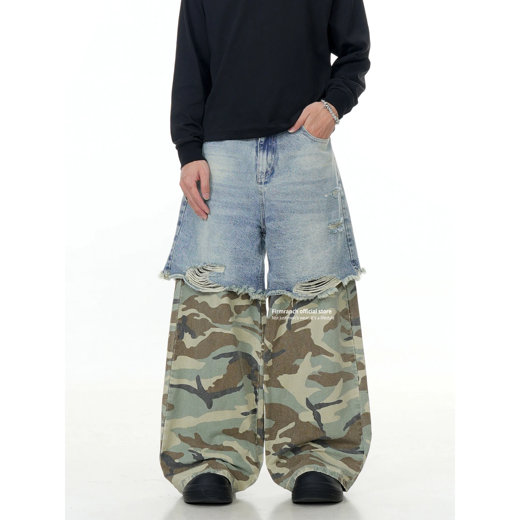 

Firmranch American Retro Street Design Loose Blue Jeans Patchwork Camouflage Washed Distressed Wide-Leg Straight Pants Men Women