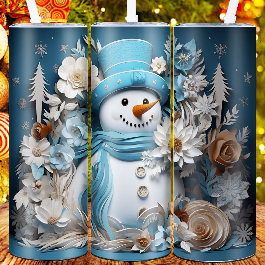 Merry Christmas Coffee Mugs Straw Lid 1Pc 20oz Stainless Steel Hot Cold Insulated Cups 3D Print Snowman Christmas Party Gifts