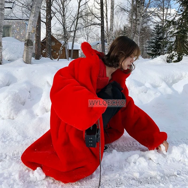 Oversized Red Thick Warm Soft Fluffy Faux Fur Coat Women 2023 Raglan Seeve Stylish Thick Long Fur Coat for Winter Korean Fashion