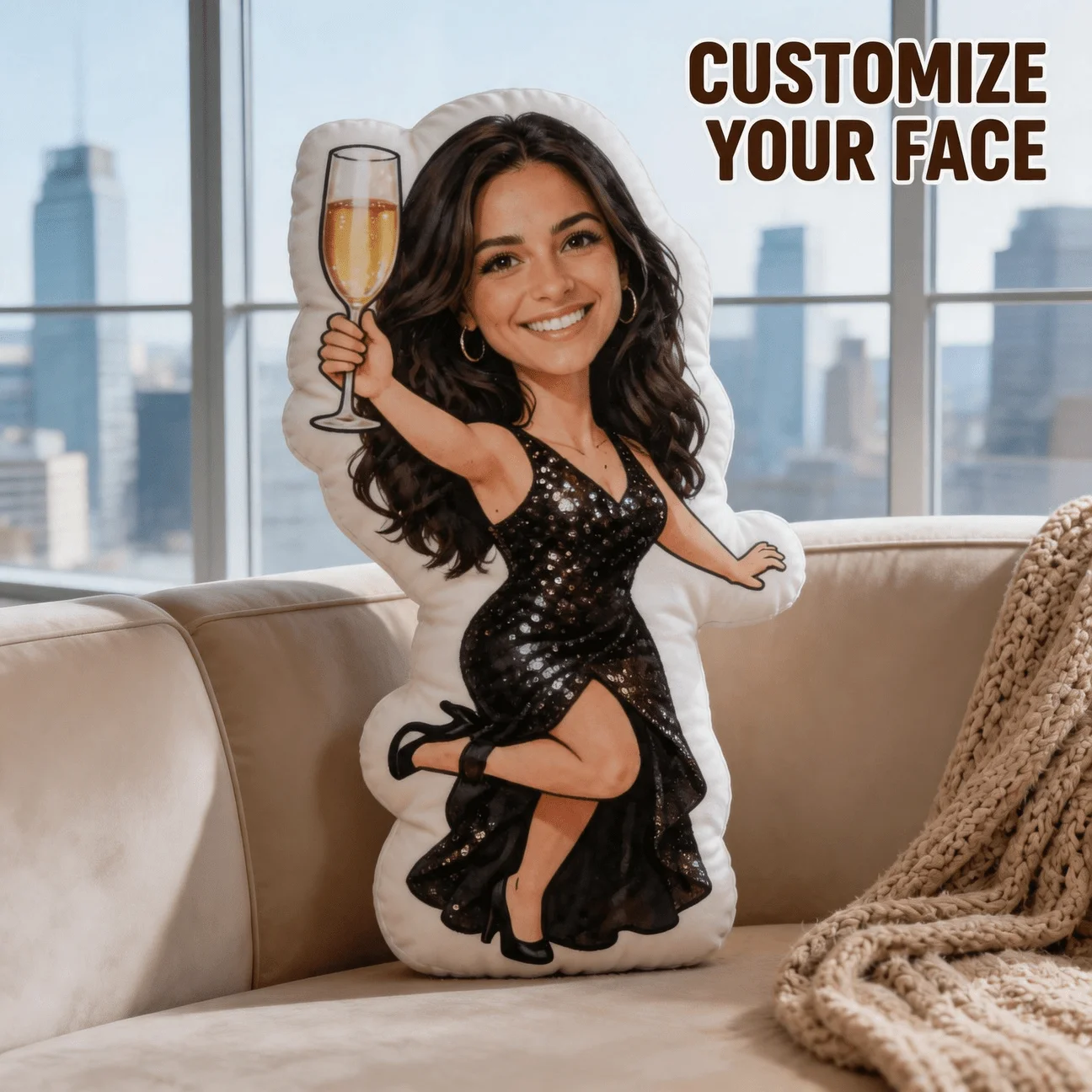 Custom Personalized Photo Face Pillow, Elegant Woman in Sequin Dress Custom Shaped Decorative Cushion, 60CM Large Size Home Deco