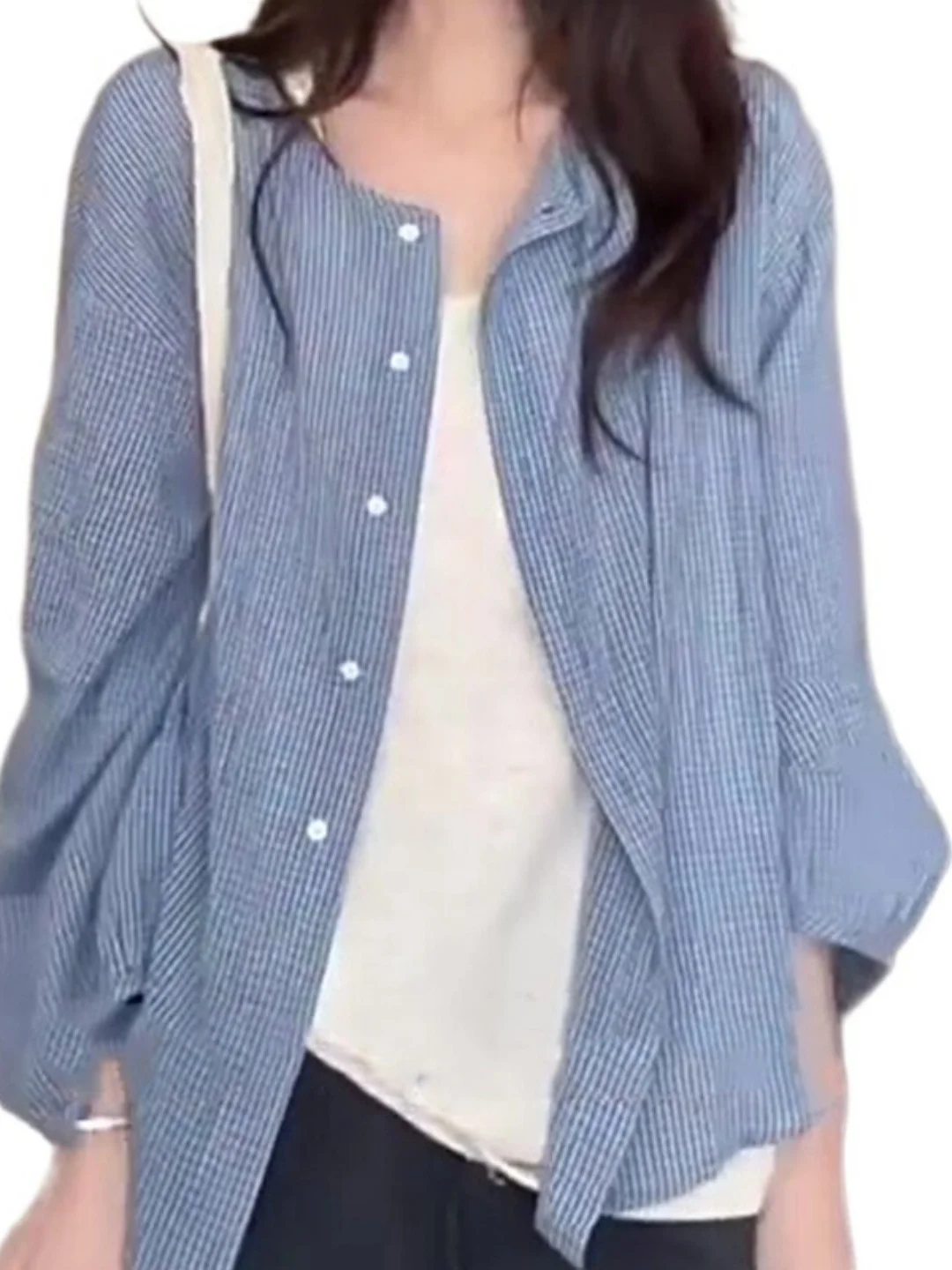 Blue Striped Pure Cotton Summer Thin Loose Casual Cardigan Women's Sun Protection Shirt Lazy Style plus Size Outerwear