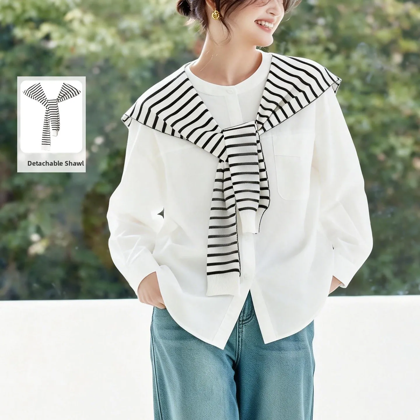 

Женская новая весенняя свободная приталенная блузка с круглым вырезом, длинным рукавом, белая, с полосатым вязаным воротником-стойкой, из хлопка