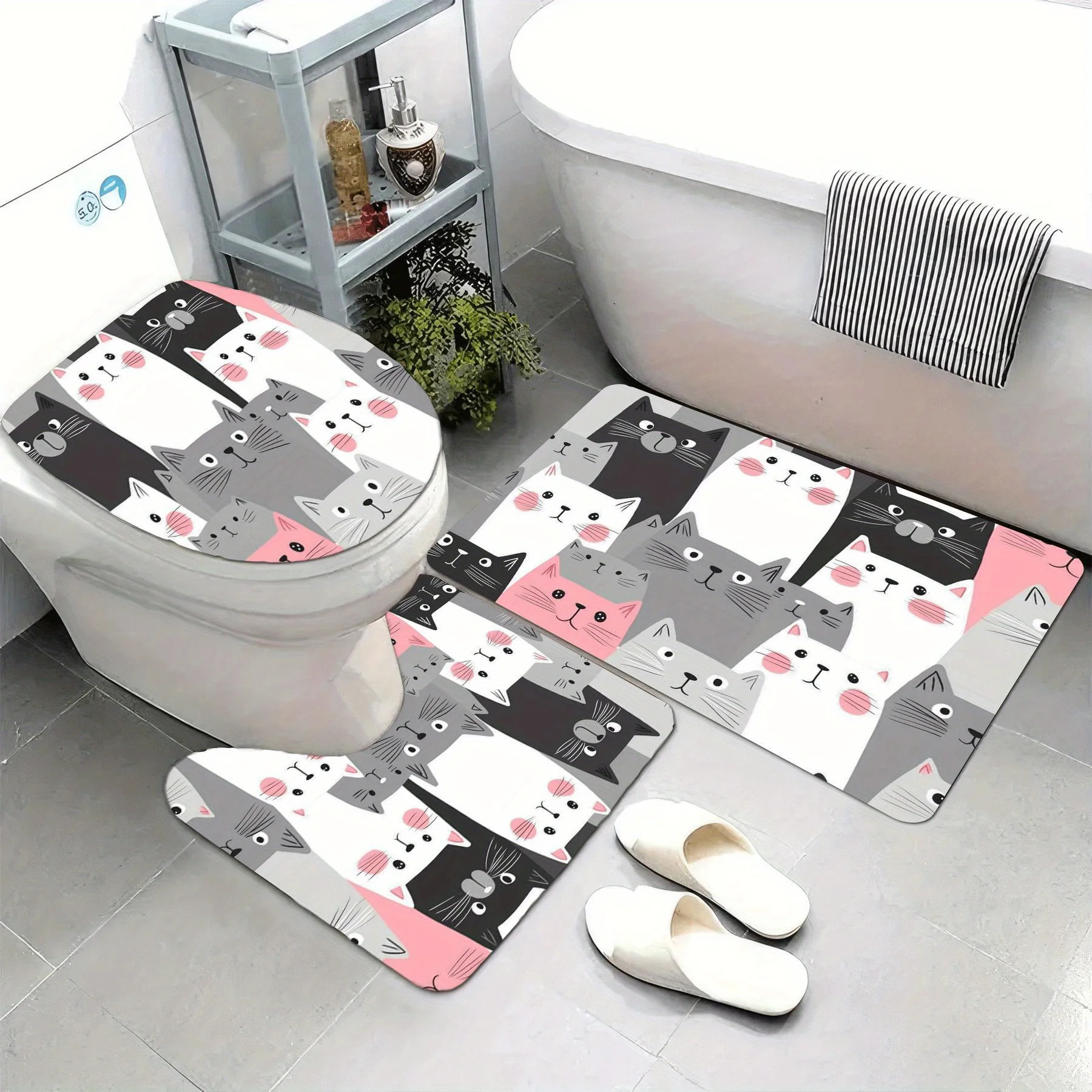 

Набор для ванной комнаты из 3 предметов с кошачьим принтом, U-образный коврик, нескользящий коврик, чехол на сиденье унитаза, подходит для украшения ванной комнаты