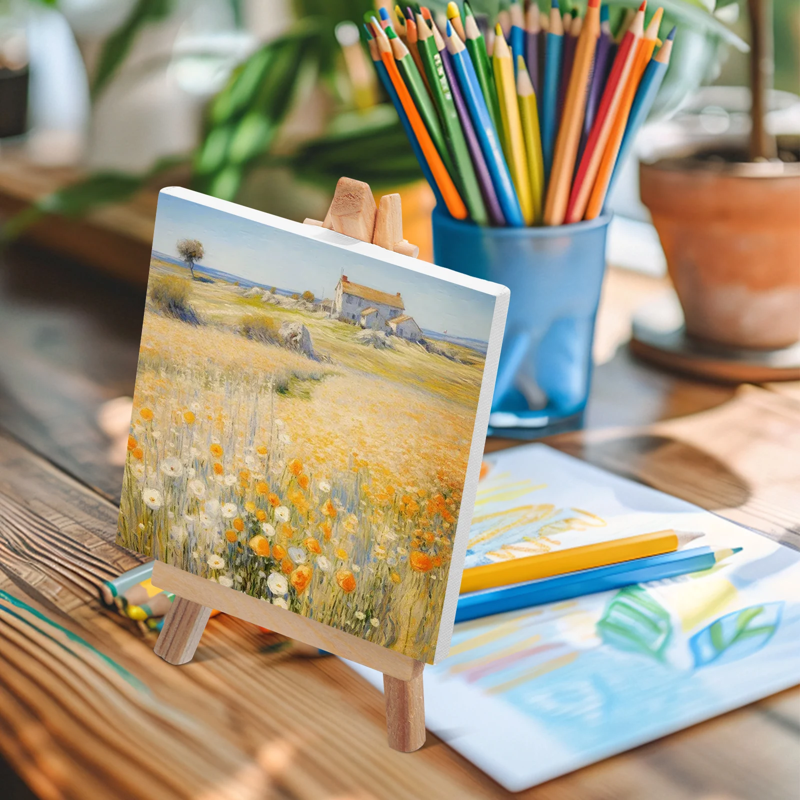 

1 set Mini Canvas Easel Set Wooden Painting Frame for Kids Toddler Small Room Strong Build Smooth Cloth Perfect Artist Tool