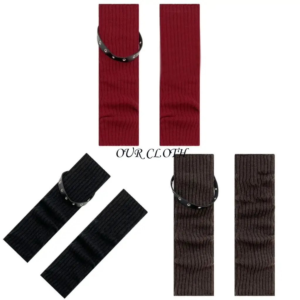 Harajuku Gothic Punk Ribbed Knitted Leg Warmers for Women Girls Motorcycle Boot Covers Socks with Eyelets Leather Belt Y1AC