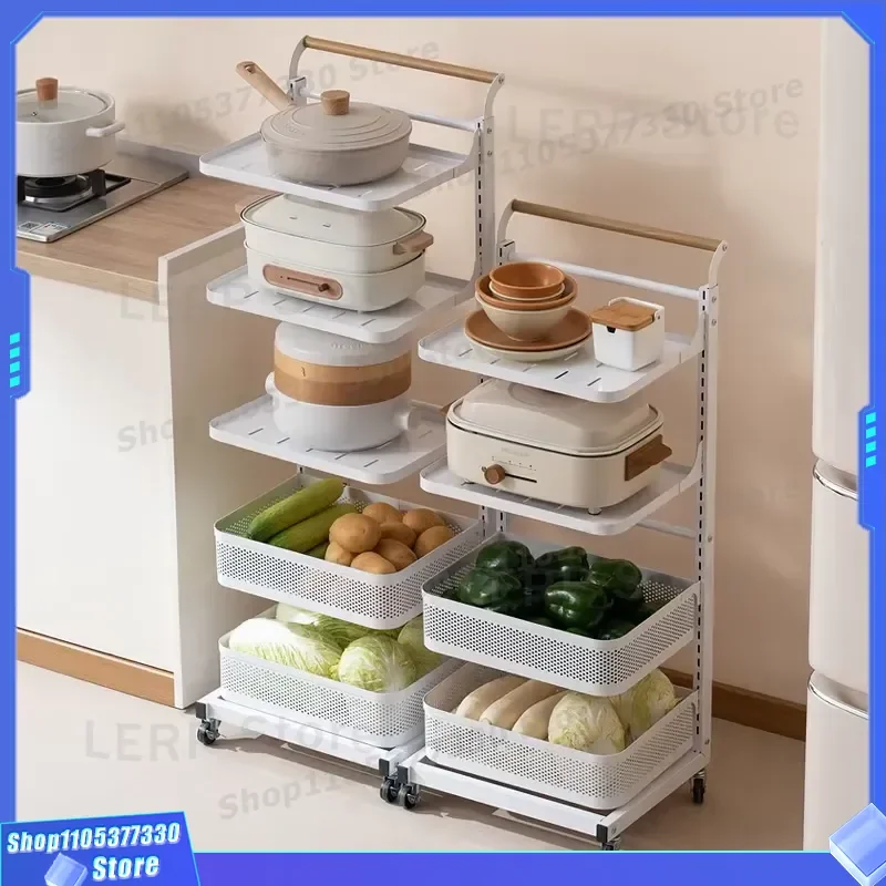 Multi Layer Metal Kitchen Storage Rack Floor Standing Pot Organizer Movable Trolley For Fruit Vegetable Basket Non Folding