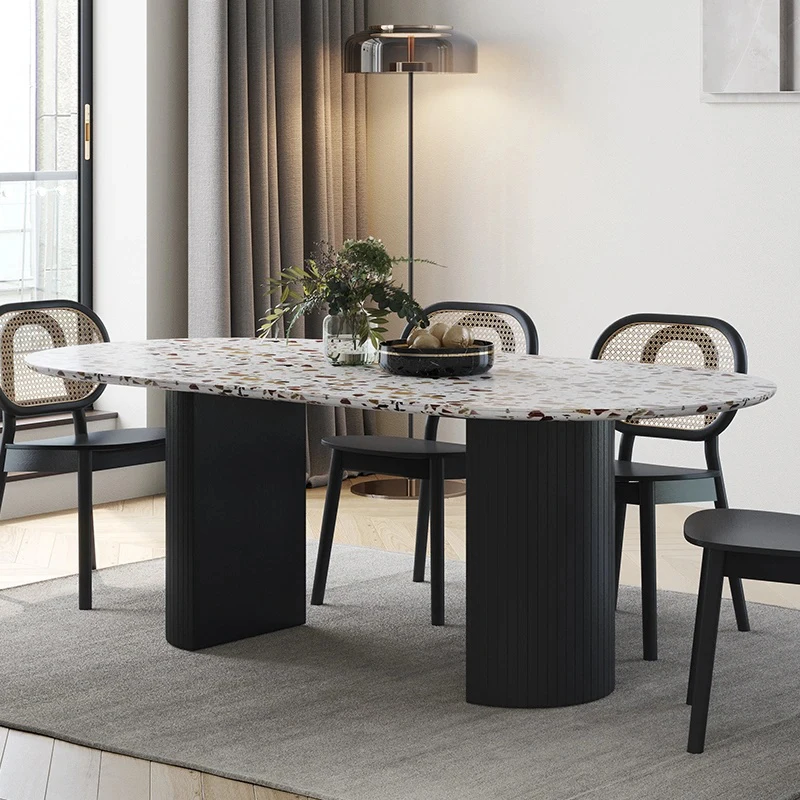 Black slate peninsula dining table terrazzo marble oval Roman column dining table