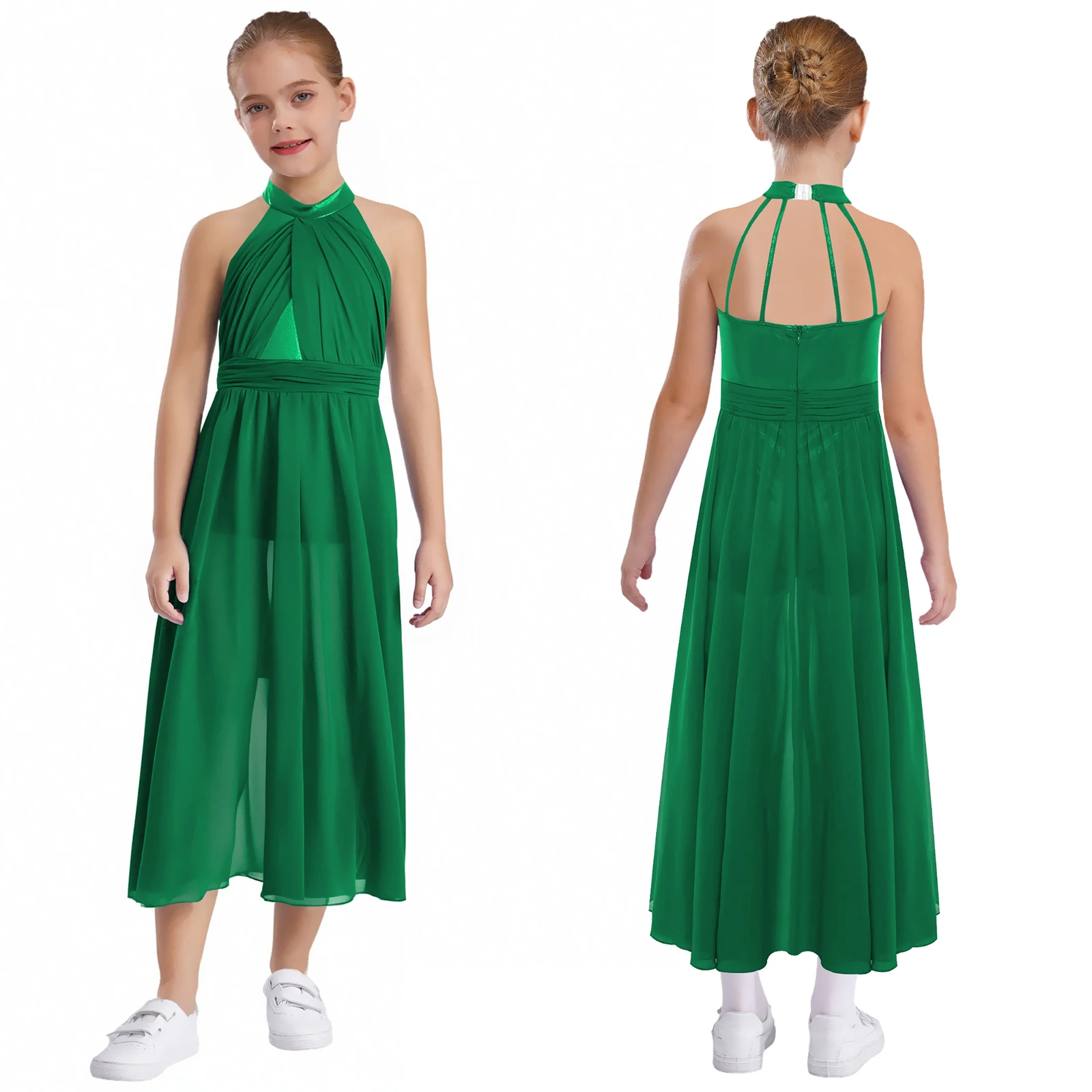

Girls Modern Lyrical Dance Costume Contemporary Ballet Skating Dress Chiffon Sleeveless Zipper Back Ruched Split Leotards Dress