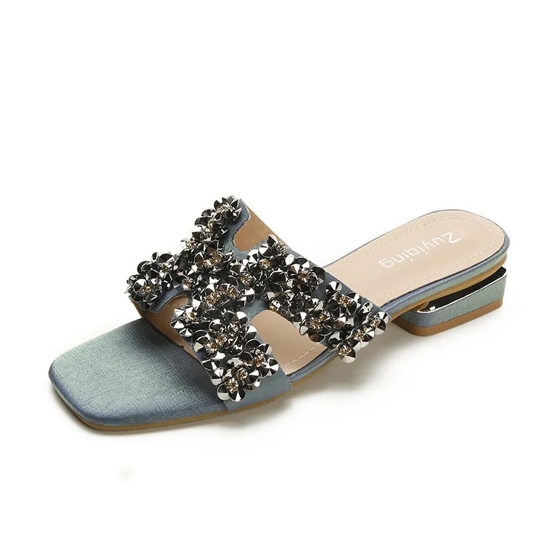 Gorasion 2025 Women's Fashion Summer Slippers Low Heel Square Heel Pull-on Shoes Female Luxuru Sexy Bling Outdoor Flip Flops