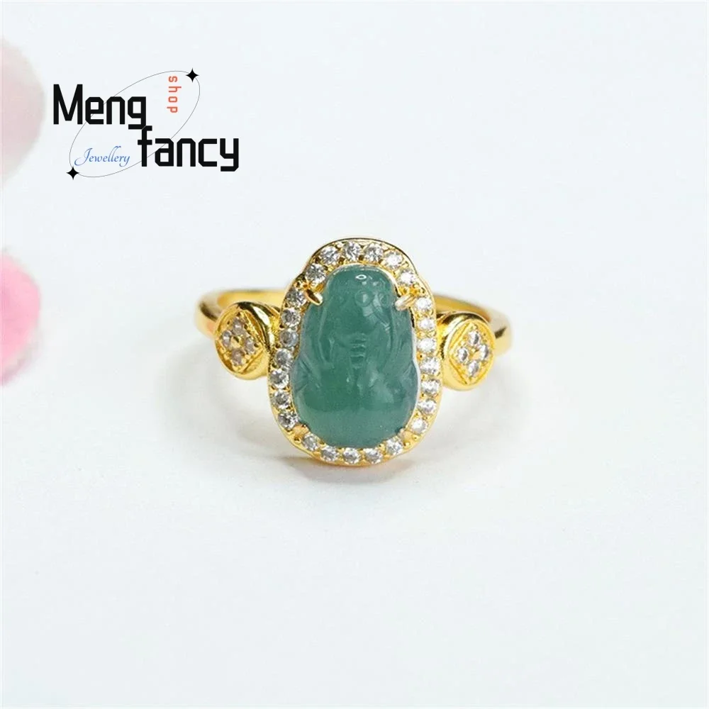 

Natural A-goods Jadeite Blue Water Pixiu Ring Exquisite Elegant Simple High-grade New Chinese style Luxury Quality Fine Jewelry