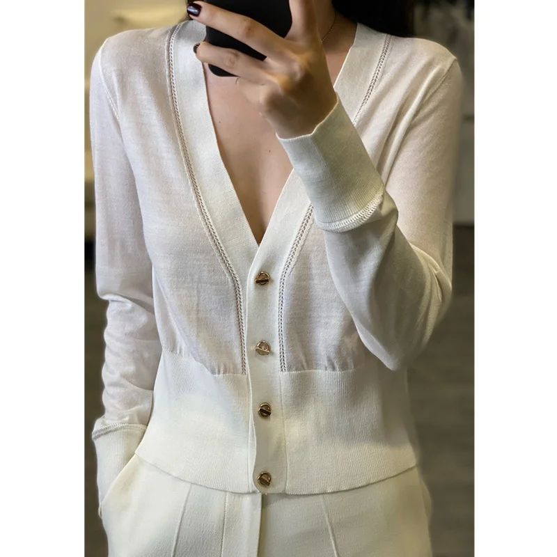 Elegante cardigã de cashmere tricotado feminino, suéter elegante, casaco fino de lã curta, decote em v, primavera e outono