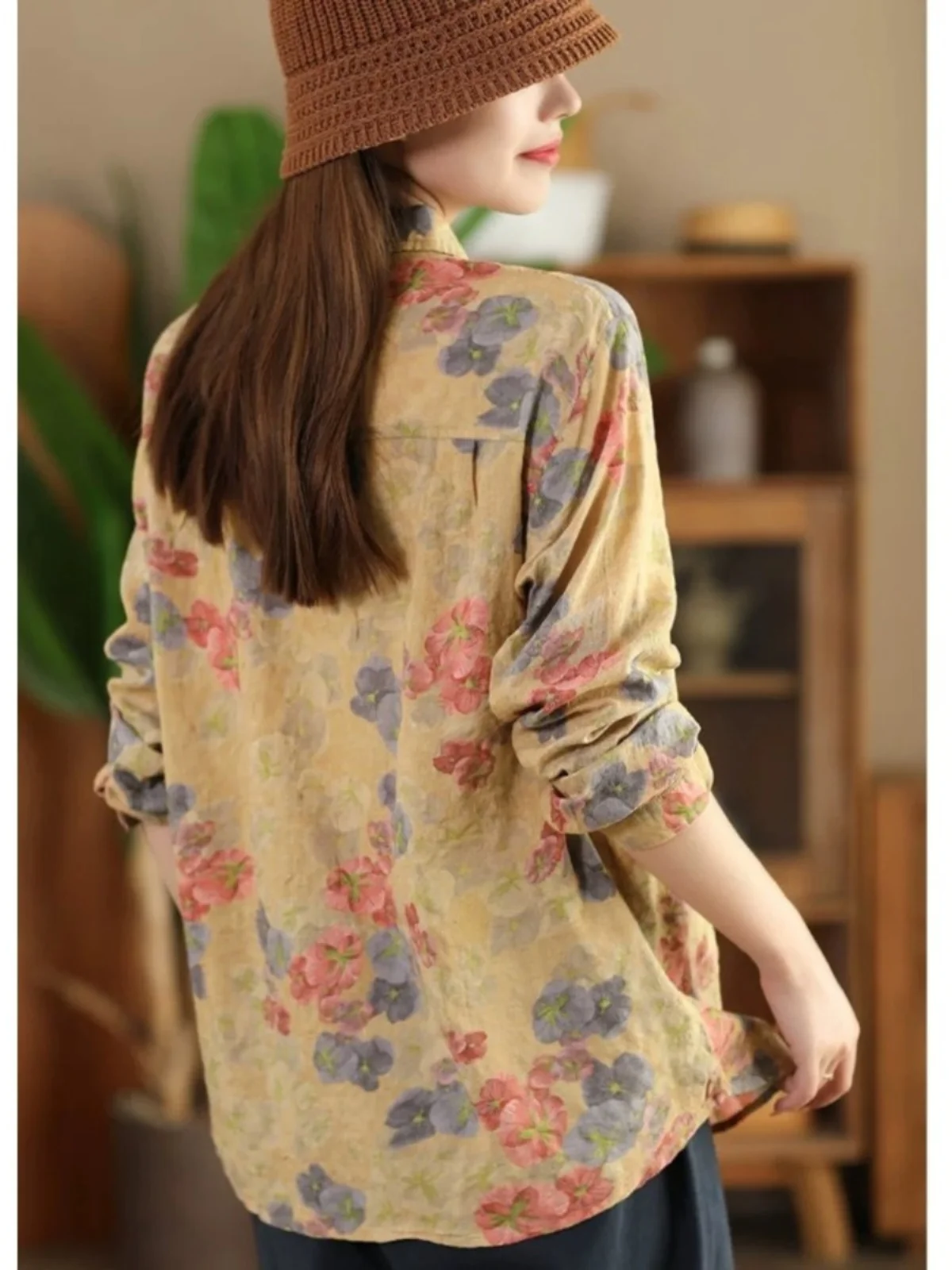 Retro Sle Long Sve katoen linnen bloemenprint losse casual kraag dames irt lente afslankende basislaag top