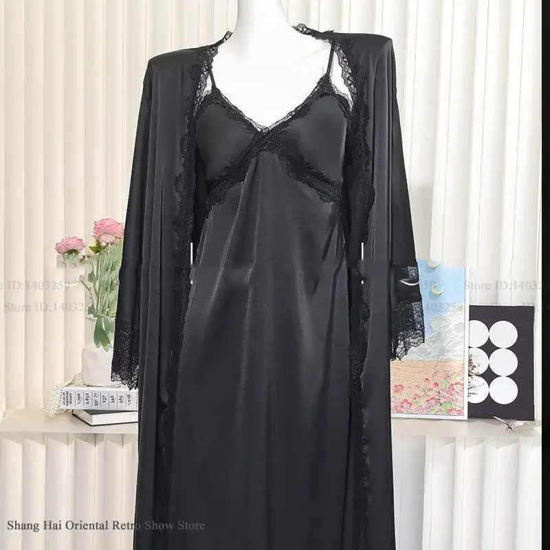 

Sexy Lace Trim Lingerie Night Dress Sleepwear Elegant Female Long Robe Nightgown Set Loungewear Casual Rayon Home Wear