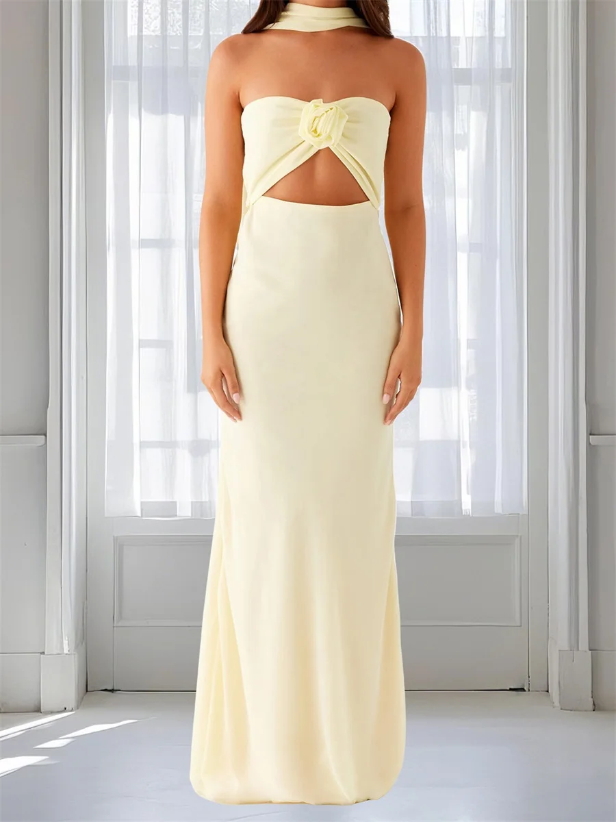 Abito a fascia da donna con stampa floreale con ritaglio sul davanti e sciarpa abbinata - Abito maxi estivo senza maniche con spalle scoperte