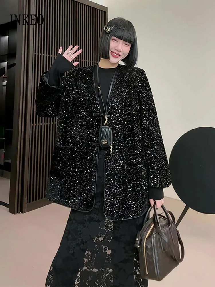 

Chinese style Women's Sequined jacket 2024 Autumn Fashion V-neck blazer oversized Black Club outwear Female Spring INKEO 4O045