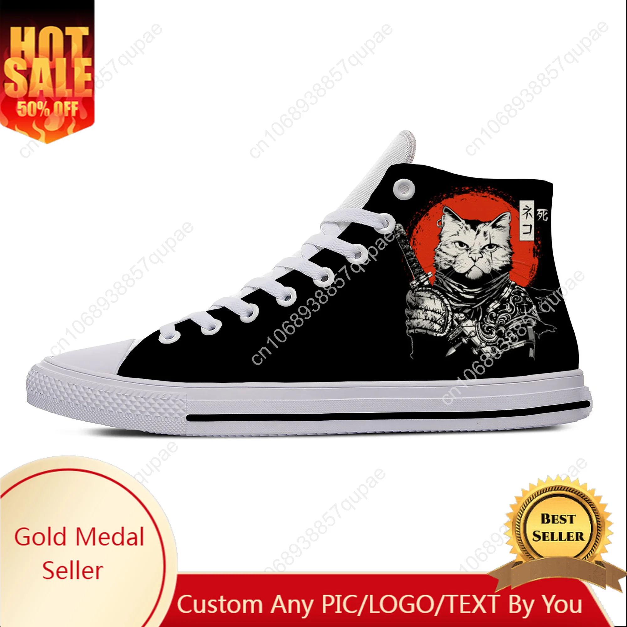 

Japanese Anime Ninja Samurai Tattoo Katana Cat Casual Cloth Shoes High Top Lightweight Breathable 3D Print Men Women Sneakers