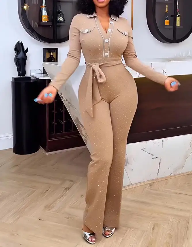 Rhinestone Decorative Lapel Wide Leg Jumpsuit Casual Zipper Front Placket Buckle Waist at the Back