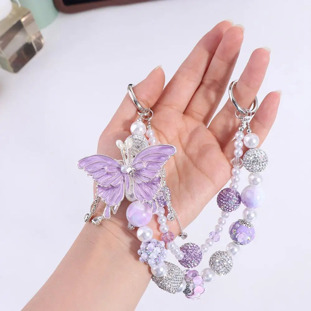 Glitter Rhinestone Phone Chain Double Layer Pearl Beaded Cell Phone Lanyard Anti-loss Car Key Decor Beads Bag Pendant