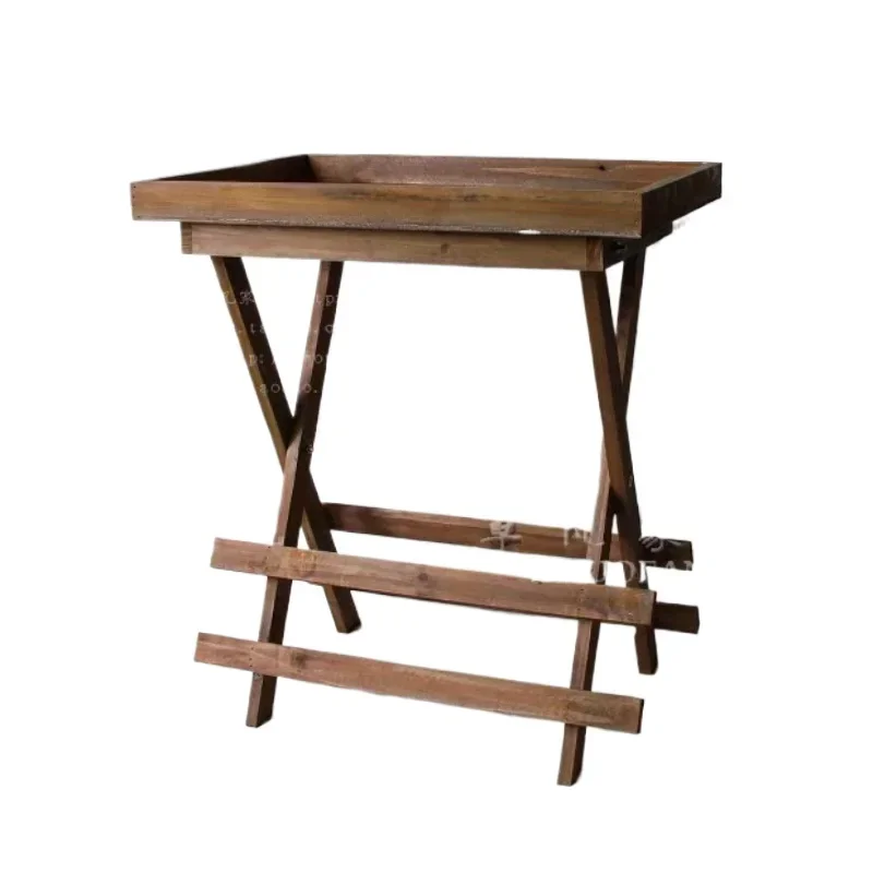 Rural retro solid wood storage folding rack tray coffee table wooden movable bracket balcony wooden flower stand