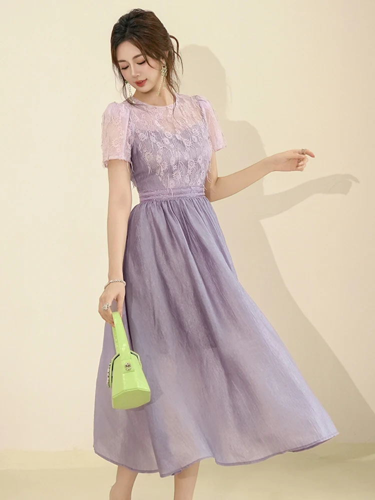 Sukienka damska fioletowa imitacja dwuczęściowej koronki z kwiatowym wzorem, prześwitująca, z dekoltem typu O, dopasowana, w kształcie litery A, elegancka, na imprezę, studniówkę, urodziny, vestido, robe, retro.