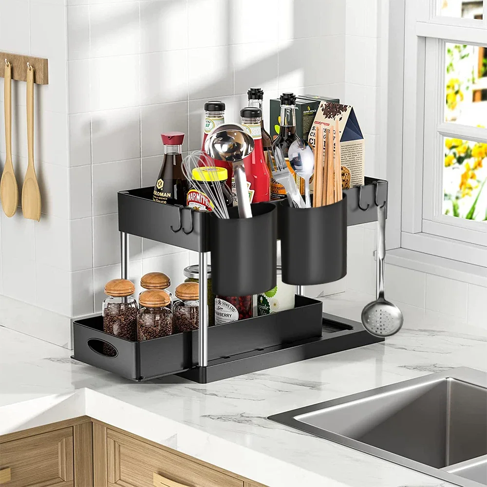 High Quality Kitchen Under Sink Organizer Storage Rack 2 Tier Shampoo Detergent Cabinet Spices Rack Bathroom Cosmetics Storage