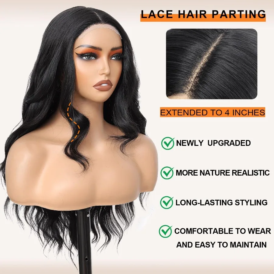 باروكة صناعية طويلة مموجة من الجزء الأوسط مقاومة للحرارة مع خط شعر دانتيل 4 × 1 للنساء مثالية للارتداء اليومي والمناسبات الحفلات 24