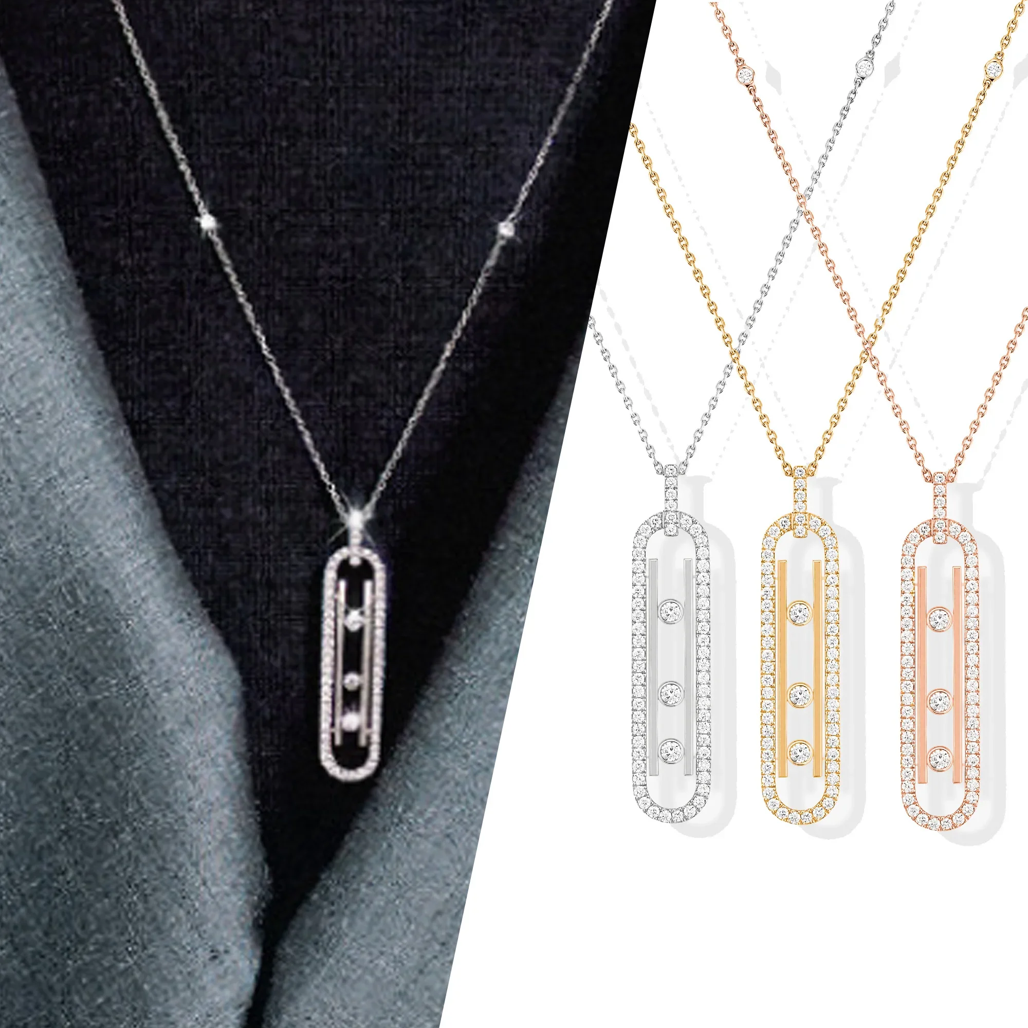 925sterling silver Brillant Vertical 3 Move Diamond Pendentif Collier Messica Femmes Bijoux De Luxe Marque Vintage Style Party