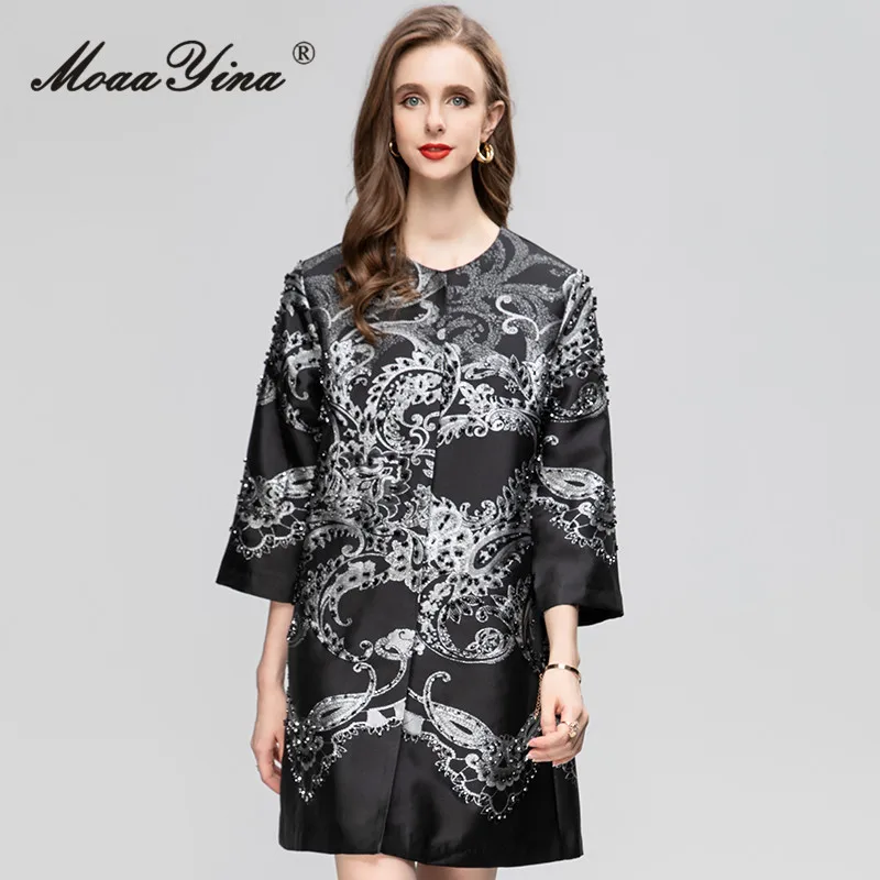 

Gedivoen Summer Fashion Designer Luxury Jacquard Jacket Coats Women O-neck Three-quarter Sleeve Diamonds Loose Long Jacket Coats