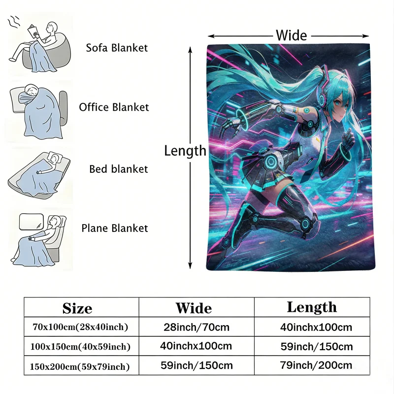 Hatsune Miku Cyberpunk Mechanical Flannel Throw Blanket Bedroom Decor Anime Speed Run Nap Air Conditioner Throw Sofa Throw Cover
