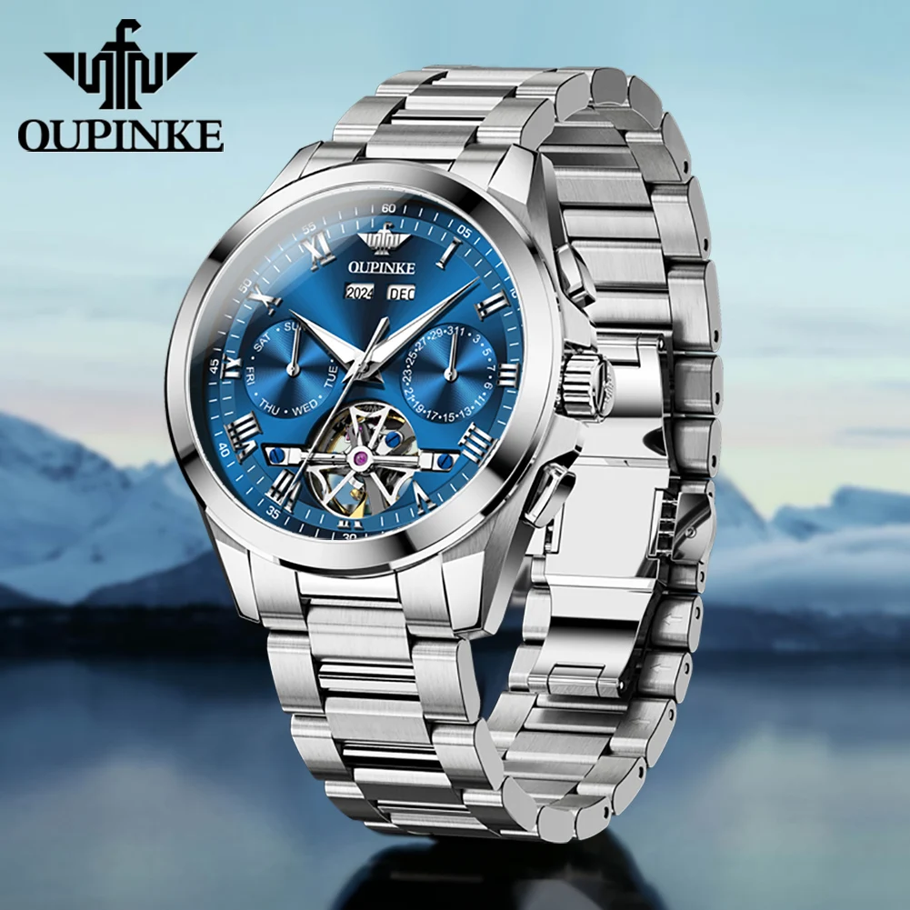 OUPINKE 3281 Top Luxury Mens Watch Sapphire Flywheel Automatic Mechanical Watch For Man 50M Waterproof Calendar Week Gifts Reloj