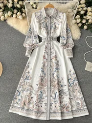 Spring Vintage Shirt Elegant Print Dress Women Lantern Sleeves Flip Collar Beach Vacation Party Dress Ladies Ethnic Style Robe