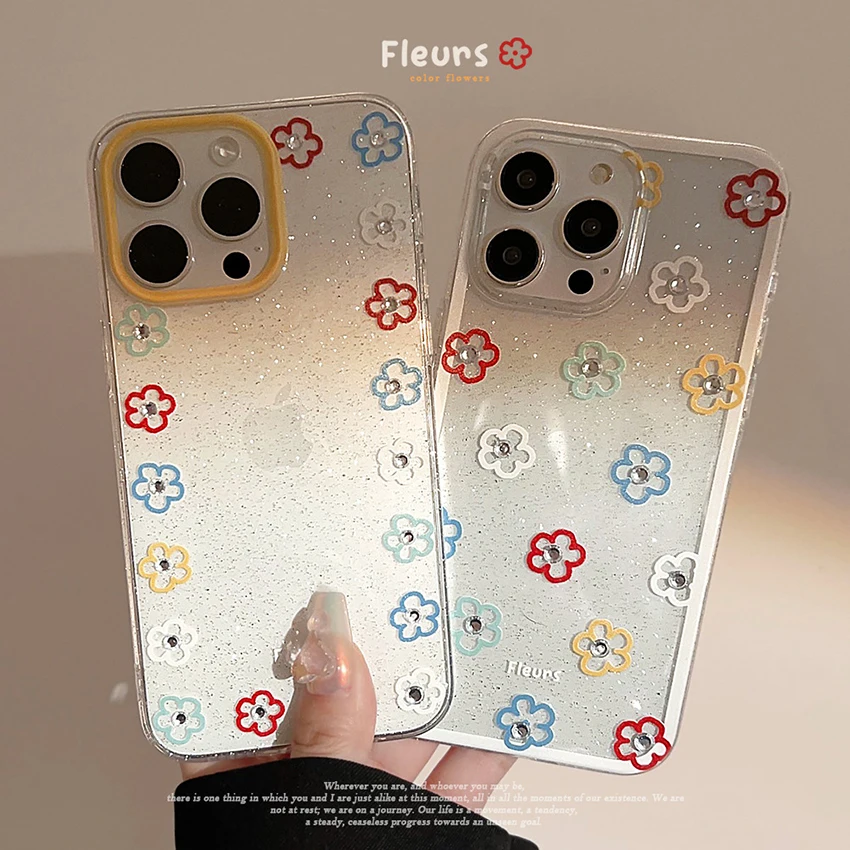 컬러풀 플라워 폰 케이스 아이폰 16 15 14 13 프로 12 11 맥스 플러스 16프로 글리터 장식 폰 케이스 글리터 15프로맥스 커버