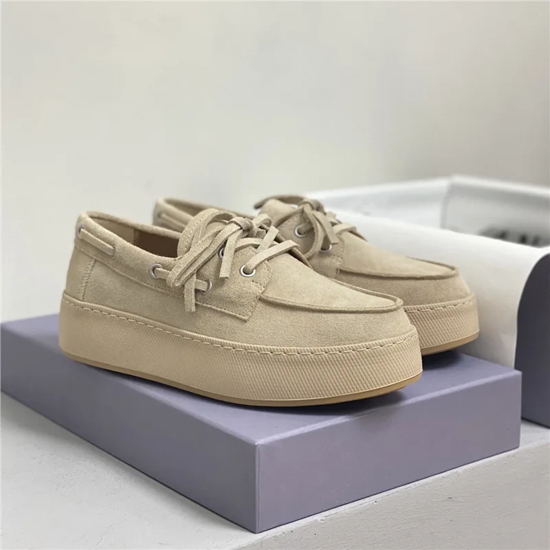 Withered Nordic Minimalist Casual Style Thick Soled Suede Loafers Women's Lace Up Round Toe Sponge Shoes Sneakers Shoes Woman